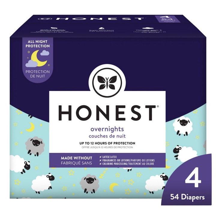 The Honest Company Clean Conscious Overnight Diapers | Plant-Based, Sustainable | Sleepy Sheep | Club Box, Size 4 (22-37 lbs), 54 Count