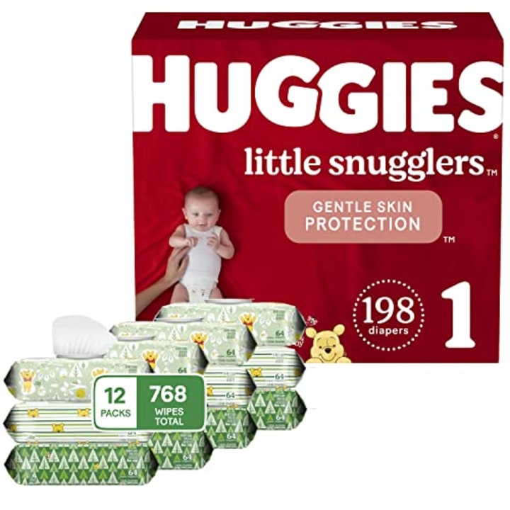 Huggies Bundle - Little Snugglers Baby Diapers, Size 1, 198 Ct, One Month Supply &amp; Natural Care Sensitive Baby Wipes, Unscented, 12 Flip-Top Packs (768 Wipes Total)