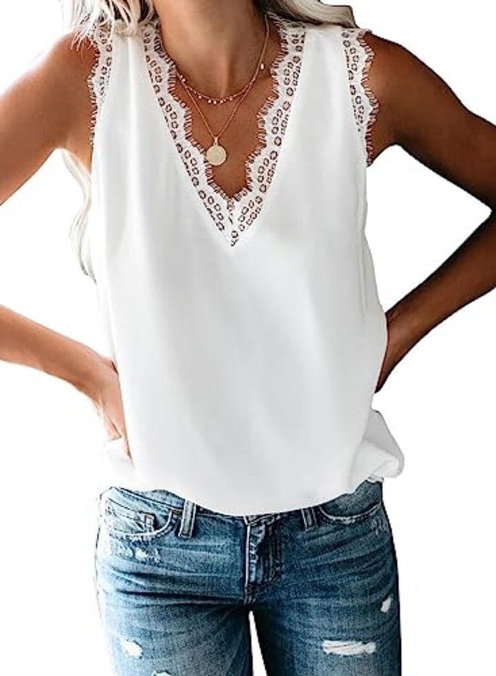 BLENCOT Women Lace Trim Tank Tops V Neck Fashion Casual Sleeveless Blouse Vest Shirts Medium A White