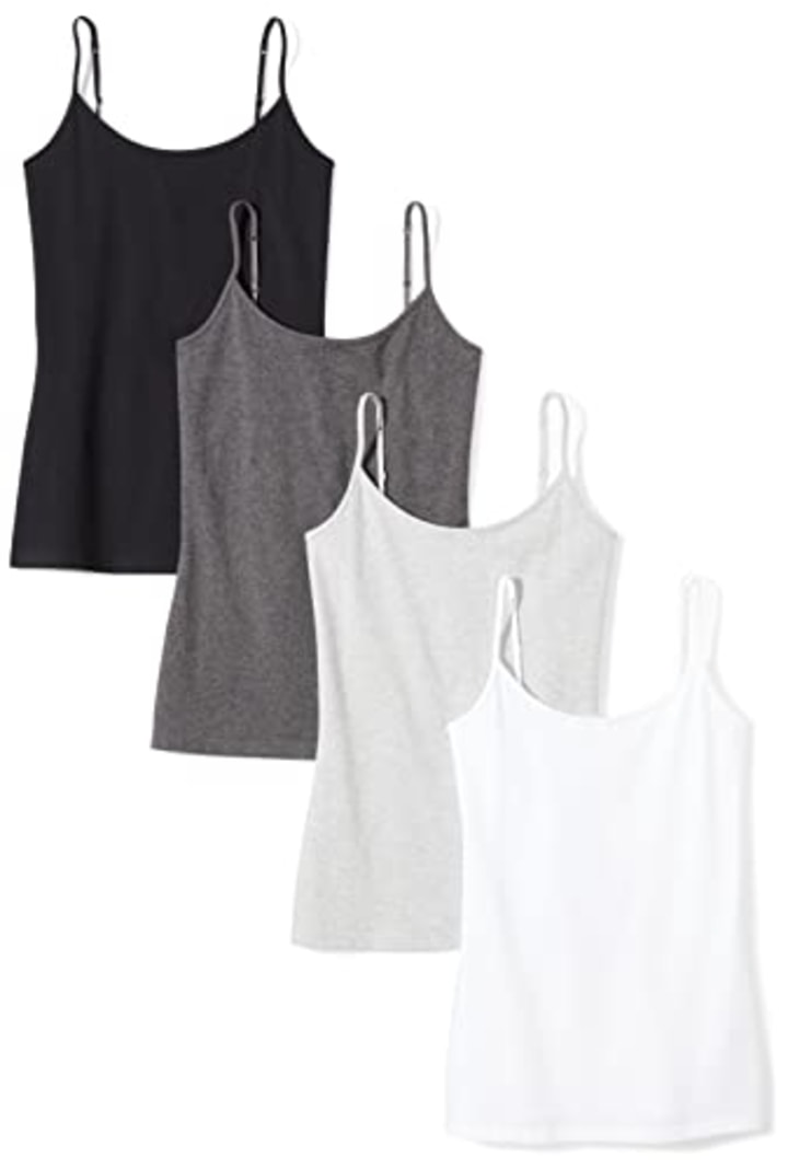 Amazon Essentials Women&#039;s Slim-Fit Camisole (Available in Plus Size), Pack of 4, Black/Charcoal Heather/Light Grey Heather/White, Medium