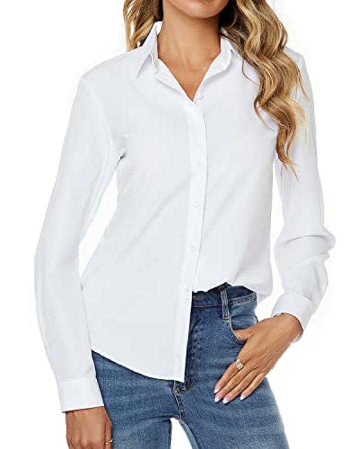jonivey Womens Stretchy Button Down Wrinkle Free Blouse Casual Work Plain Tops (White,M)