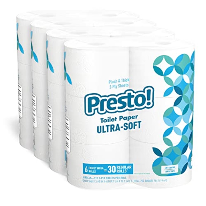 Amazon Brand - Presto! 313 2-Ply Sheet Mega Roll Toilet Paper, Ultra-Soft, 12 Rolls (2 Packs of 6), Equivalent to 60 Regular Rolls, White