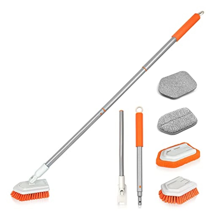 JEHONN 4-in-1 Tile Tub Scrubber with Long Handle, Upgraded Shower Cleaning Brush, 4 Different Function Scrub Brush Attachments Head for Bathroom, Bathtub, Floor, Wall, Baseboard