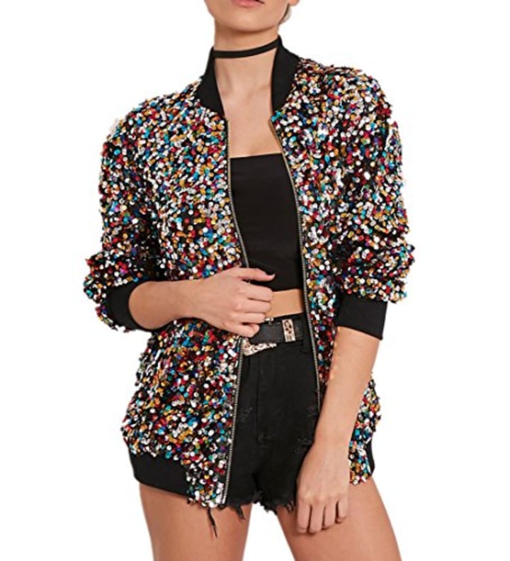 Cresay Women&#039;s Sequin Fitted Long Sleeve Zipper Blazer Bomber Jacket-Rainbow L