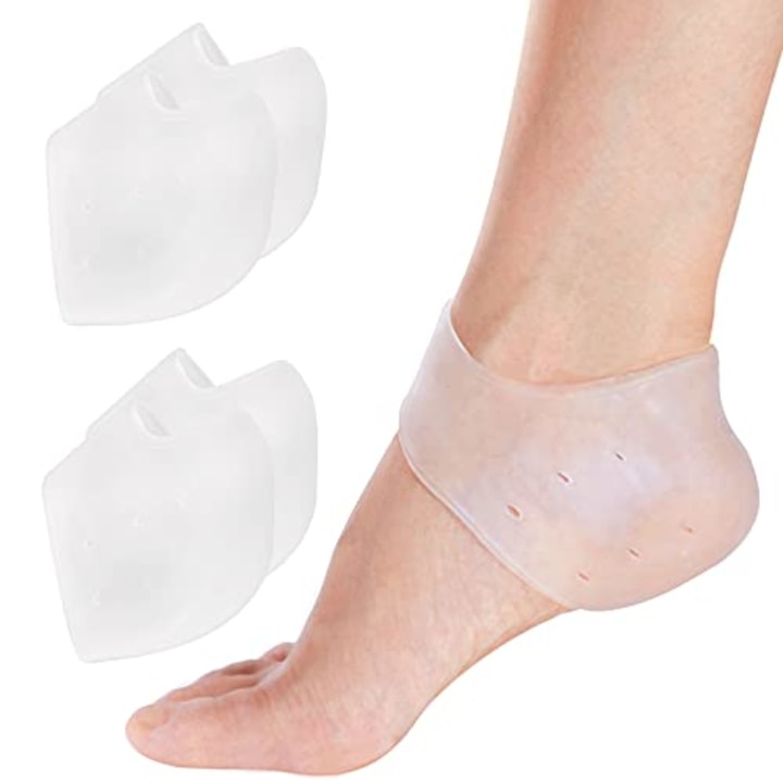 GQTJP Silicone Heel Protector Heel Cups, Heel Pads for Plantar Fasciitis Relief, Heel Sleeves for Heel Spurs, Heel Pain, Heal Dry Cracked Heels, Achilles Tendinitis (White - 2 Pairs)