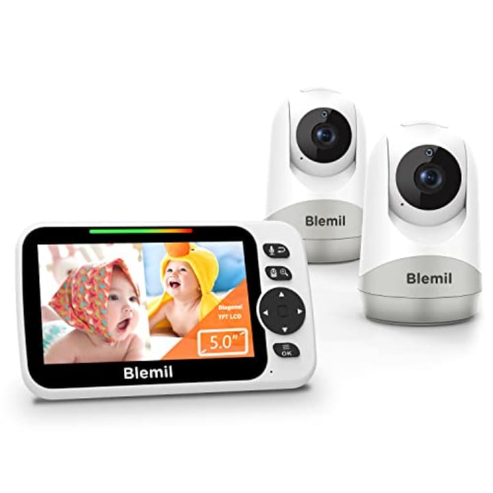 Blemil Baby Monitor, 5&quot; Large Split-Screen Video Baby Monitor with 2 Cameras and Audio, Remote Pan/Tilt/Zoom, Two-Way Talk, Room Temperature Monitor, Auto Night Vision, Power Saving/Vox, Lullabies
