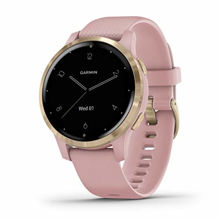 Garmin 010-02172-31 Vivoactive 4S, Smaller-Sized GPS Smartwatch, Features Music, Body Energy Monitoring, Animated Workouts, Pulse Ox Sensors and More, Light Gold with Light Pink Band