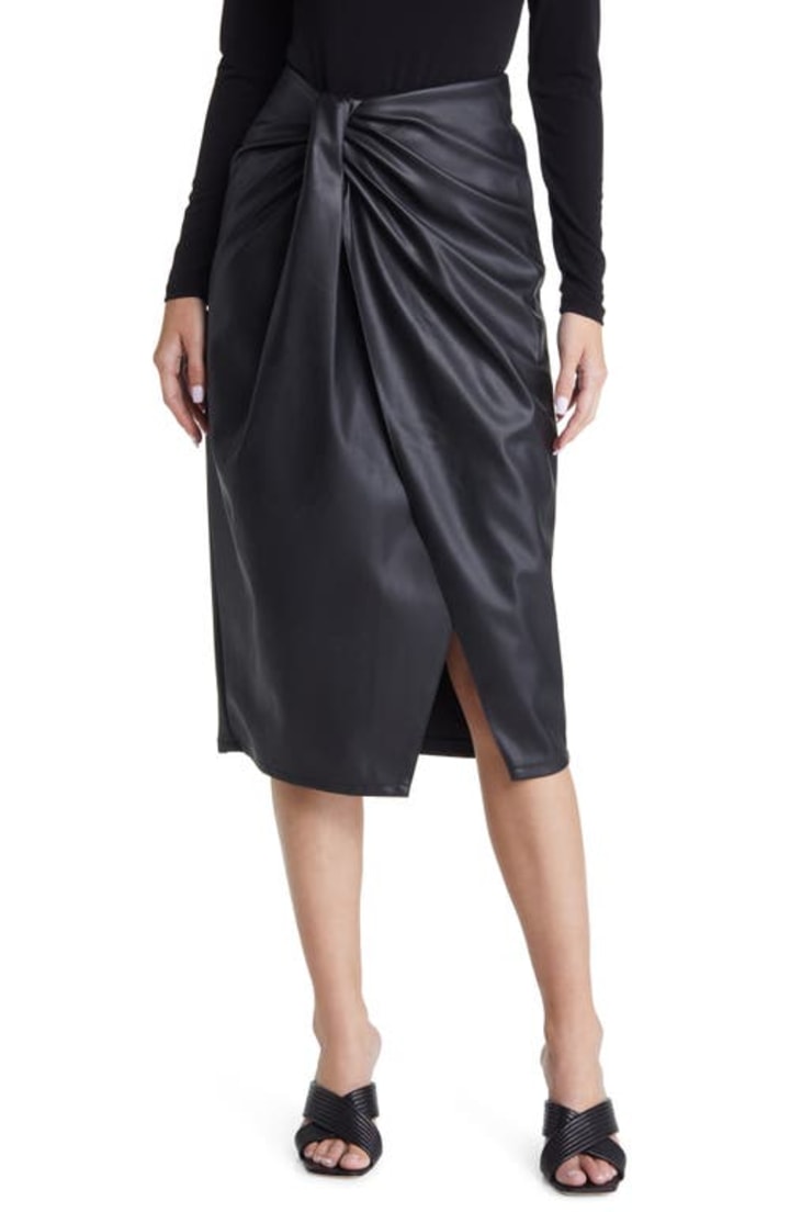 Open Edit Wrap Front Faux Leather Skirt in Black at Nordstrom, Size Xx-Small
