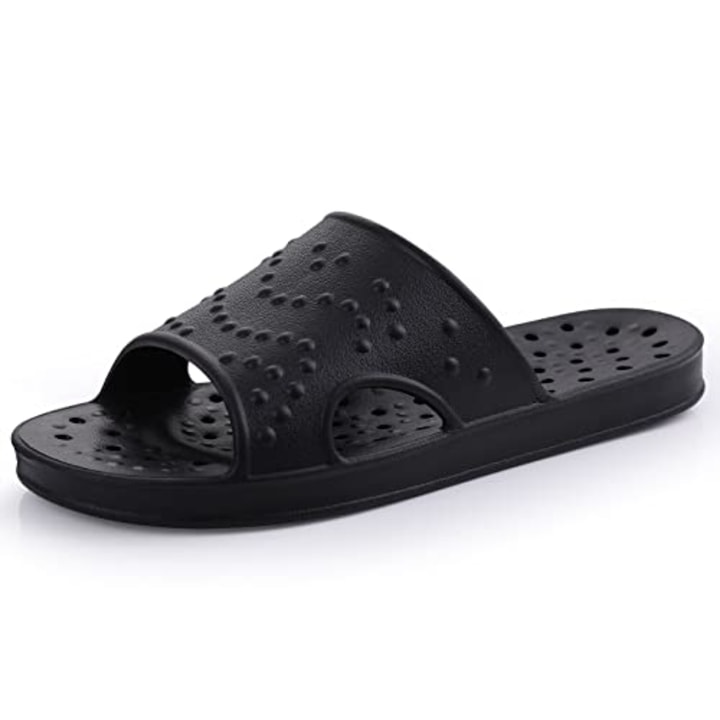shevalues Shower Shoes for Women with Arch Support Quick Drying Pool Slides Lightweight Beach Sandals with Drain Holes, Black-Update Version 8-9 Women / 6.5-7.5 Men