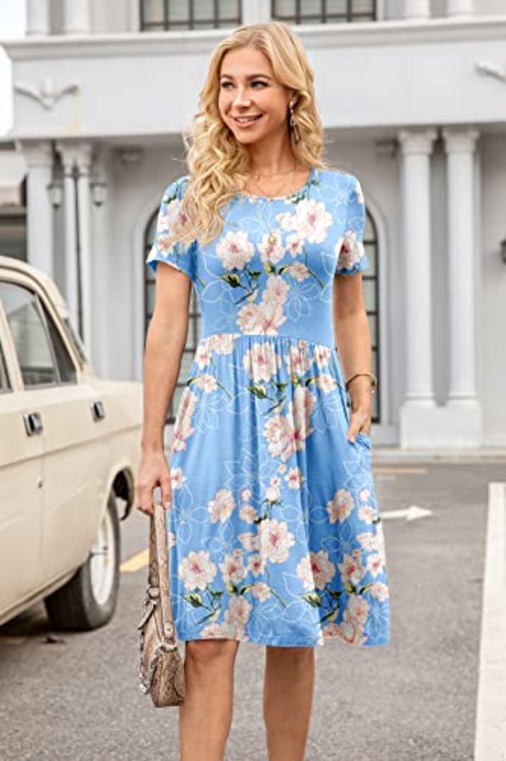 DB MOON Women Casual Short Sleeve Dresses Empire Waist Knee Length Dress with Pockets (Flower Light Blue, S)