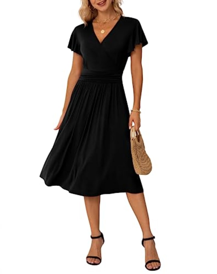 GRECERELLE Summer Dress for Women, Casual Short Sleeve Black Dresses, Wrap V-Neck Party Dress(Large, Black)
