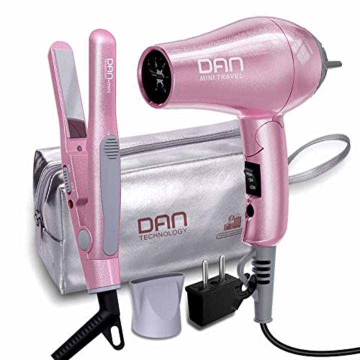 DAN Technology Flat Iron Blow Dryer Set, Travel Hair Dryer and Small Flat Irons with Travel case, Concentrator Nozzle &amp; EU Plug Adapter, Dual Voltage &amp; Folding Handle, Pro Hair Dryer Set...