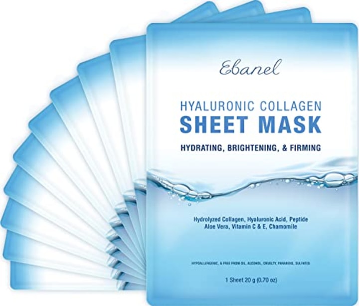 Ebanel 10 Pack Collagen Peptide Hydrating Face Masks, Instant Brightening and Firming Anti Aging Face Sheet Masks, Moisturizing Spa Face Masks Skincare with Hyaluronic Acid, Vitamin C, Chamomile, Aloe