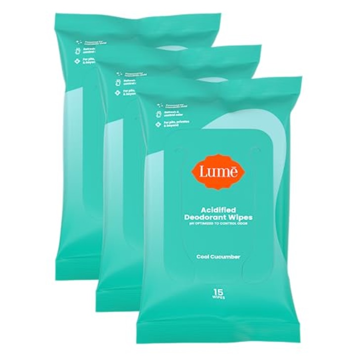 Lume Acidified Deodorant Wipes - 24 Hour Odor Control - Aluminum Free, Baking Soda Free, Skin Safe - 15 Count (Pack of 3) (Cool Cucumber)