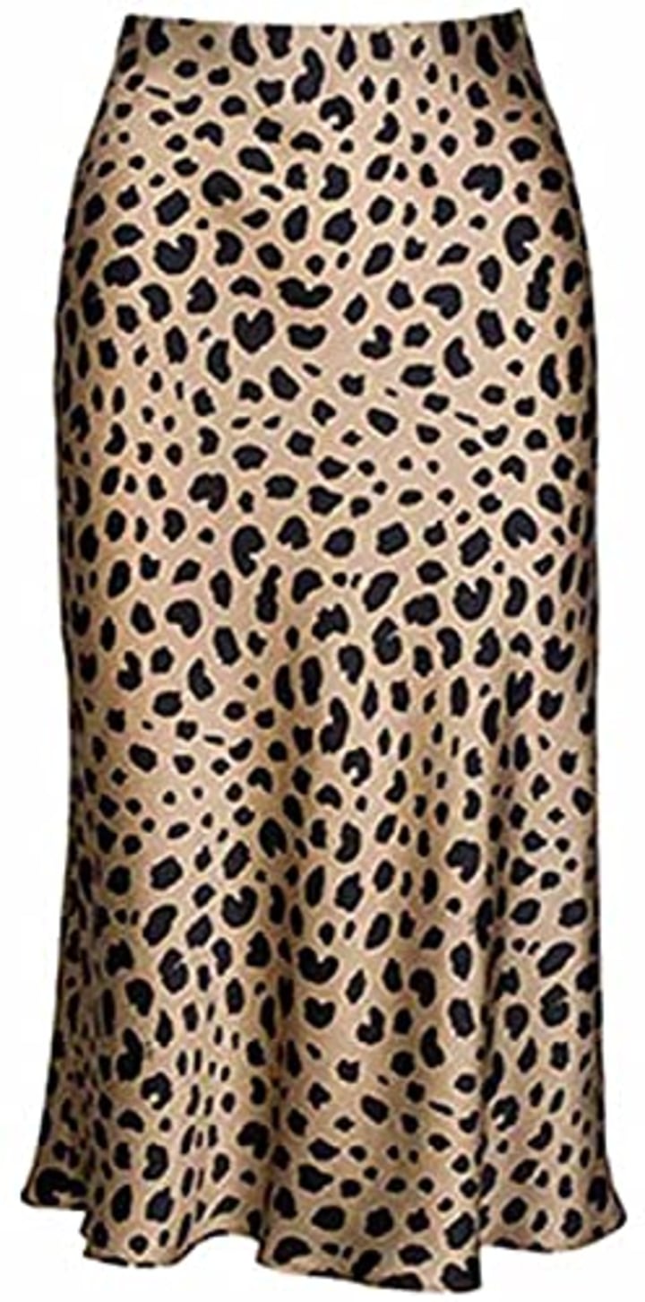 Leopard Skirt for Women Midi Length High Waist Silk Satin Elasticized Cheetah Skirts L