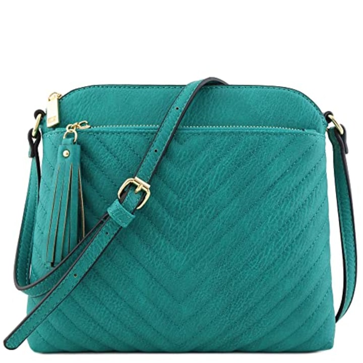 Chevron Quilted Medium Crossbody Bag with Tassel Accent (Teal)