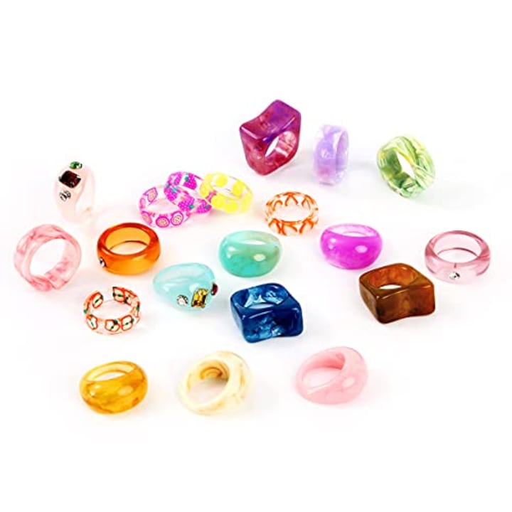 AIDSOTOU 20 Pcs Resin Acrylic Rings Set Colorful Trendy Vintage Thick Dome Y2k Rings Jewelry Plastic Resin Unique Square Gem Stackable Chunky Fruit Ring for Women Teen Girls
