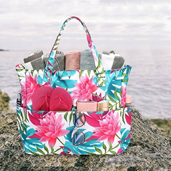 Large Beach Tote Bag Women Waterproof Sandproof Zipper Beach Tote Bag for Pool Gym Grocery Travel with Wet Pocket (Lotus)