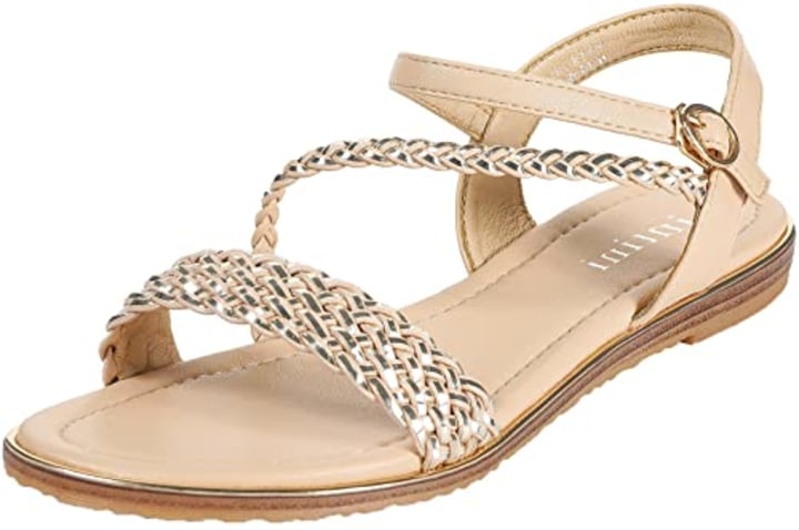 Intini Women&#039;s Flat Sandals Cross Sandals Fashion Summer Open Toes One Band Ankle Strap Dressy Shoes with Buckle Apricot. Size 9 M US. 41 EU