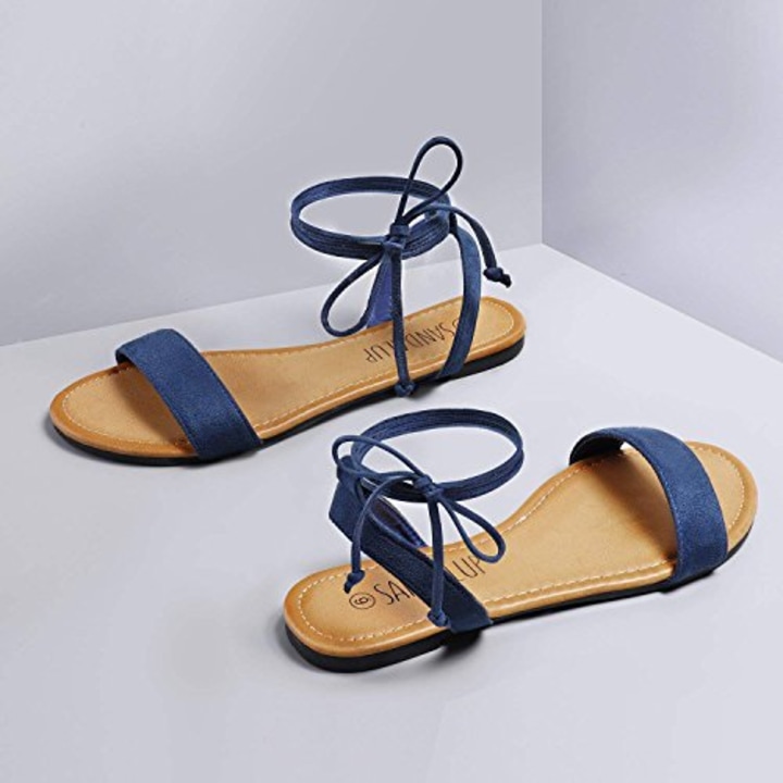 SANDALUP Tie Up Ankle Strap Flat Sandals for Women Navy Blue 10
