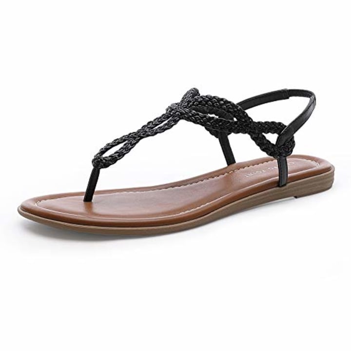 CentroPoint Women&#039;s Braided T-strap Thong Slip On Flat Sandals With Elastic Brand Roman Gladiator Fashion Flip Flop Shoes(Black, Numeric_7.5)