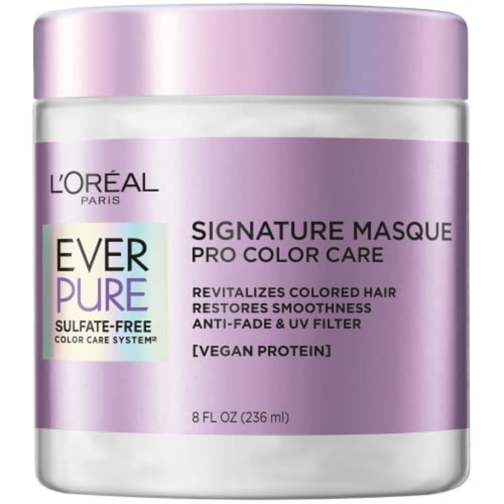 L&#039;Oreal Paris EverPure Sulfate Free Signature Masque Pro Color Care, Hair Mask for Dry, Color Treated Hair, UV Filter, with Vegan Protein, Vegan Formula, Paraben Free, Dye Free, Gluten Free, 8 fl oz