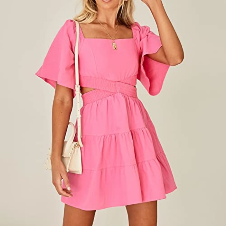 Shy Velvet Women&#039;s Summer Dress Square Neck Short Sleeves Crossover Waist Casual Party Mini Dress Pink