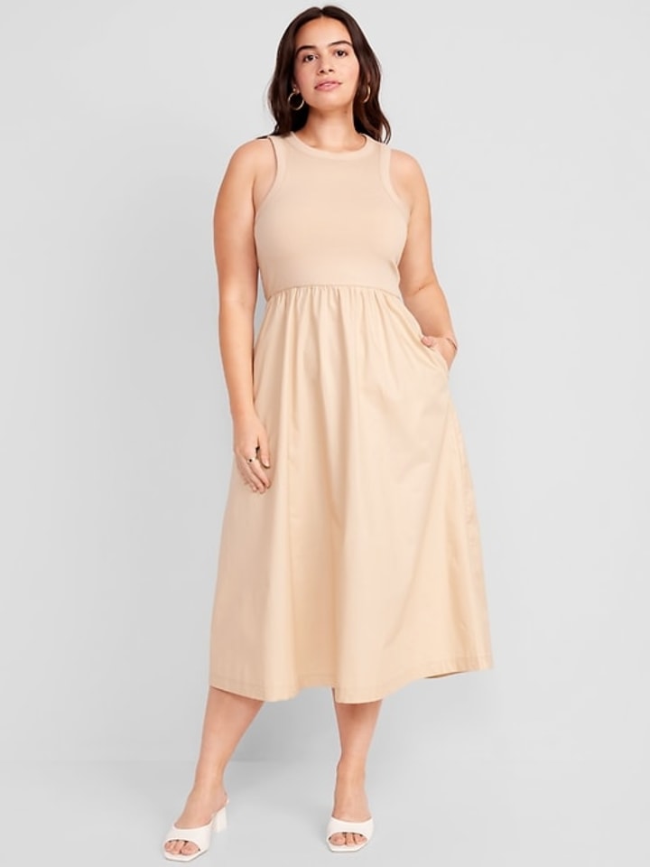 Fit &amp; Flare High-Neck Combination Midi Dress for Women