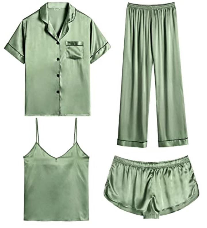 SWOMOG Womens Silk Satin Pajamas Set 4pcs Sleepwear Sexy Cami Shorts Set and Button Down Short-sleeve Pjs Loungewear