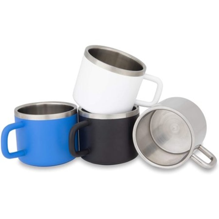 Stainless Steel Espresso Cups: Set of 4 White Double Wall Insulated 3 Ounce Small Metal Cups with Handle, Shatterproof, Demitasse, Keeps Espresso Hot