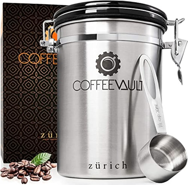 Coffee Container Airtight Storage - Coffee Canister with Scoop - Large Stainless Steel Coffee Storage Vault - Coffee Bean Container with CO2 Valve to Keep Beans Fresh - 1lb - Zurich