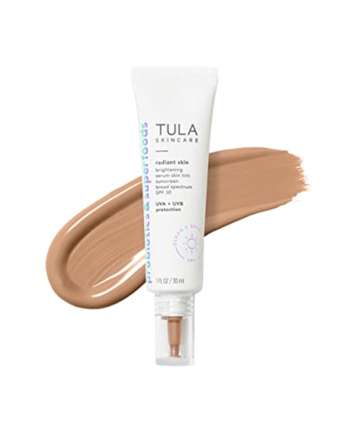TULA Skin Care Radiant Skin Brightening Serum Skin Tint SPF | Facial Sunscreen Provides Broad Spectrum SPF 30 Protection, Tinted, Serum-Light Formula Brightens and Evens Skin | Shade 12, 1.0 fl. oz.