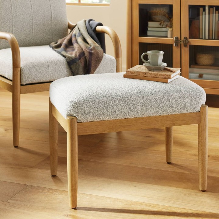 Boucle Upholstered Wood Ottoman