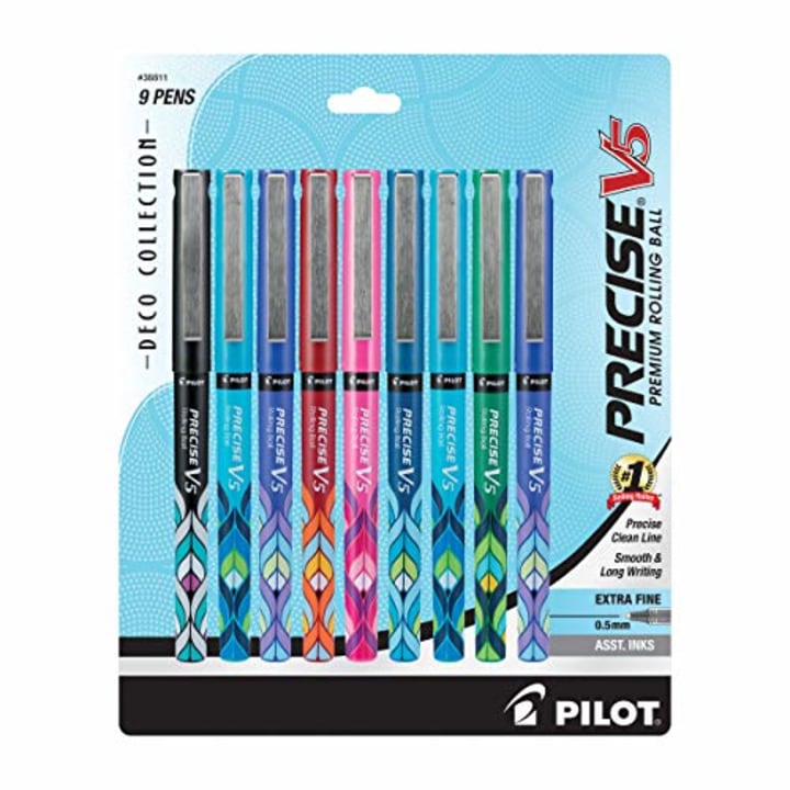 PILOT Precise V5 Stick Deco Collection Liquid Ink Rolling Ball Stick Pens, Extra Fine Point (0.5mm) Assorted Ink Colors, 9-Pack (38811)