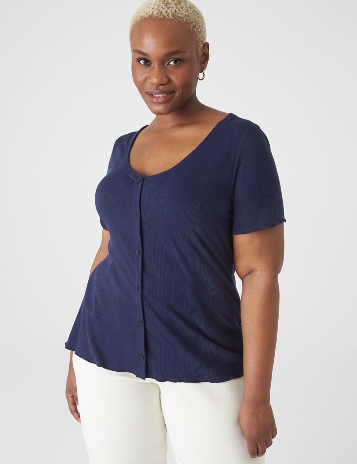 Fitted V-Neck Button-Front Tee