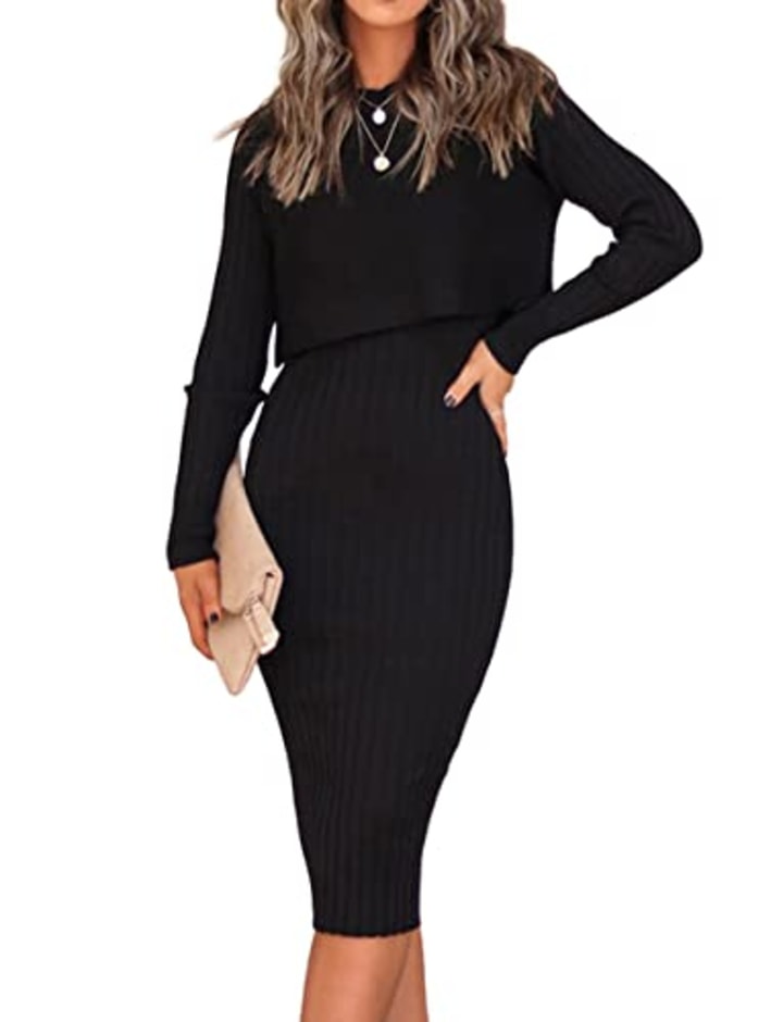 Ezbelle Women&#039;s Ribbed Long Sleeve Sweater Dress Crew Neck Crop Tops Knitted Slim Fit Tank Midi Dress 2 Piece Outfits Sets Black Medium