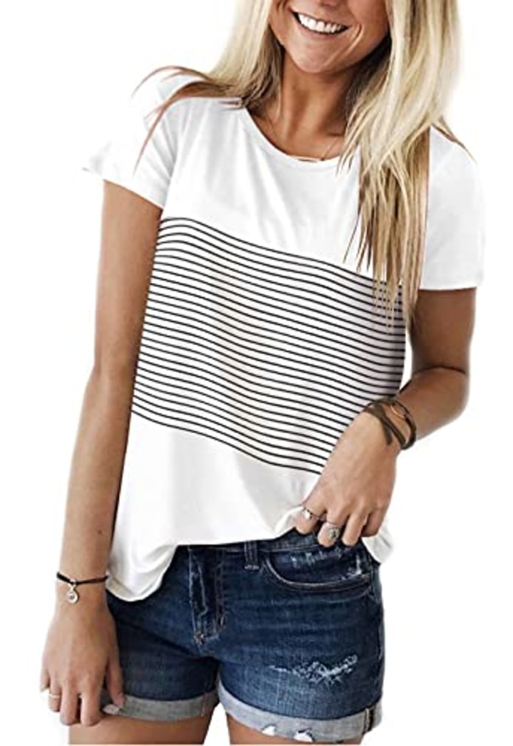YunJey Short Sleeve Round Neck Triple Color Block Stripe T-Shirt Casual Blouse White