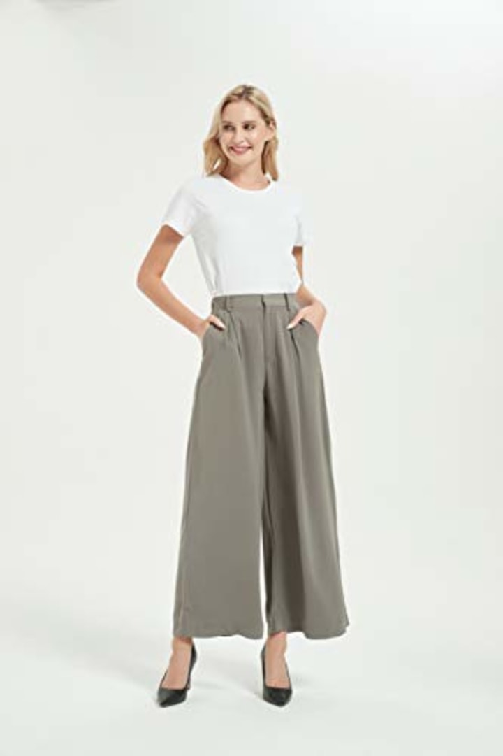 Tronjori Women High Waist Casual Wide Leg Long Palazzo Pants Trousers Regular Size(L,Summer Beige)