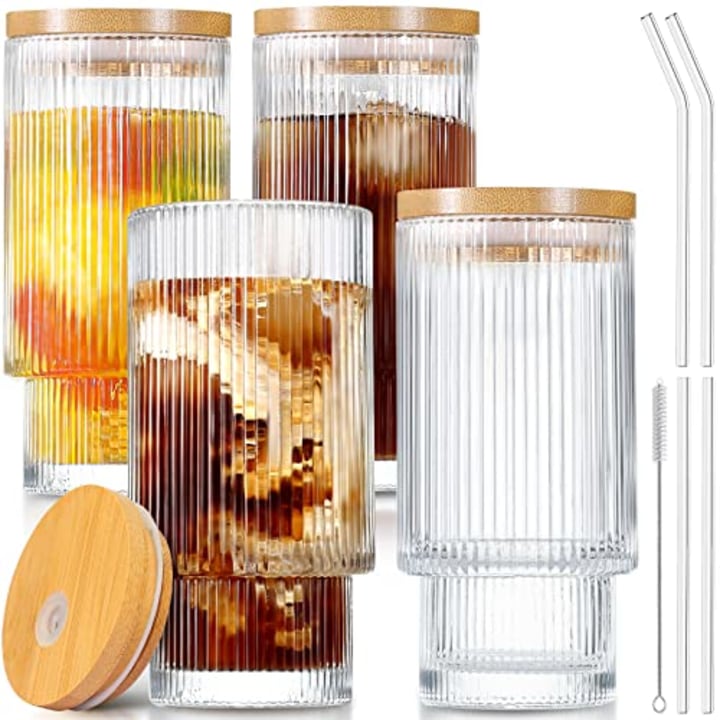 GMISUN Glass Cups with Lids and Straws, Iced Coffee Cups with Lids, Ribbed Glassware, Drinking Glasses with Bamboo Lids, Cocktail Glasses Vintage Glassware 12oz for Cocktail, Beer, Juice, Decor, Gift