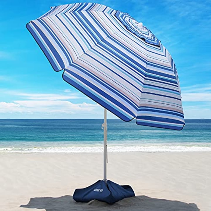 OutdoorMaster Beach Umbrella with Sand Bag - 6.5ft Beach Umbrella with Sand Anchor, UPF 50+ PU Coating with Carry Bag for Patio and Outdoor - Blue/White Striped
