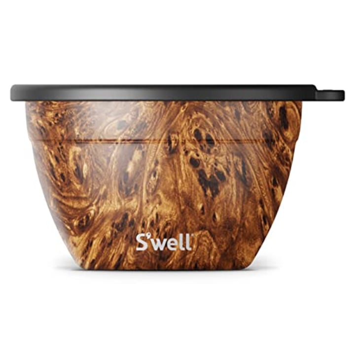 S&#039;well Stainless Steel Salad Bowl Kit - 64oz, Teakwood - Comes with 2oz Condiment Container and Removable Tray for Organization - Leak-Proof, Easy to Clean, Dishwasher Safe