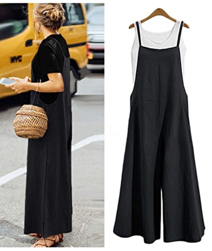 YESNO Women Casual Loose Long Bib Pants Wide Leg Jumpsuits Baggy Cotton Rompers Overalls with Pockets (S PZZTYP2 Black)