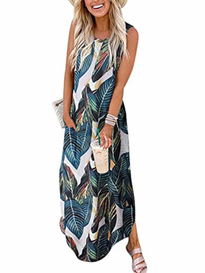 Women&#039;s Summer Maxi Dress Casual Loose Beach Long Tank Dress Split with Pockets A19shuye-L