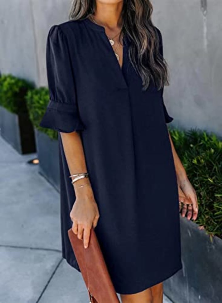 Wkior Women&#039;s Shift Dresses Elegant Summer V Neck Casual Flowy Swing Dress Blue S