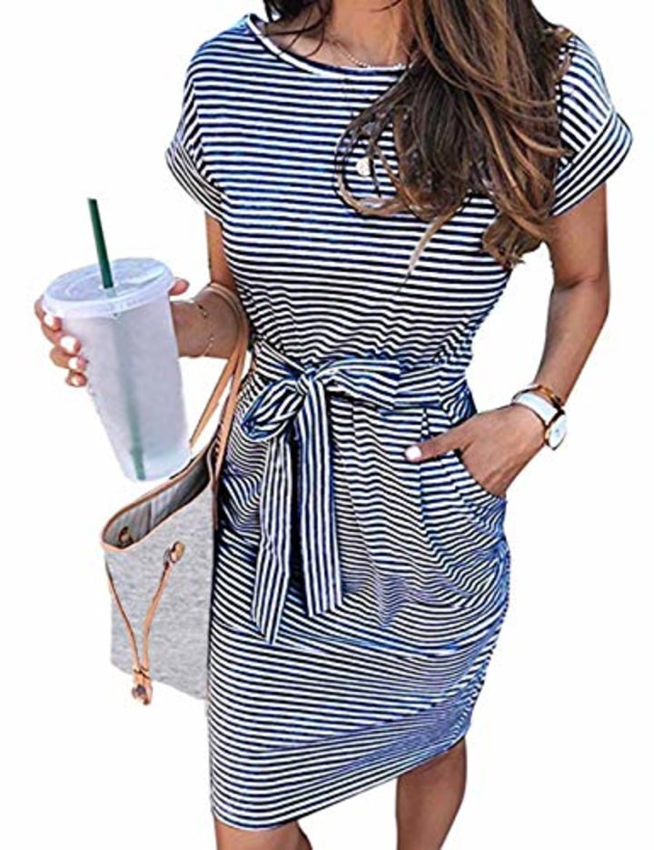 MEROKEETY Women&#039;s Summer Striped Short Sleeve T Shirt Dress Casual Tie Waist Midi Dress, Navy, M