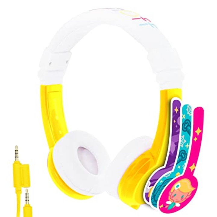 ONANOFF Explore Foldable, Volume-Limiting Kids Headphones, Built-in Microphone, BuddyCable, Perfect for iPad, iPhone, Fire, and Android, Yellow
