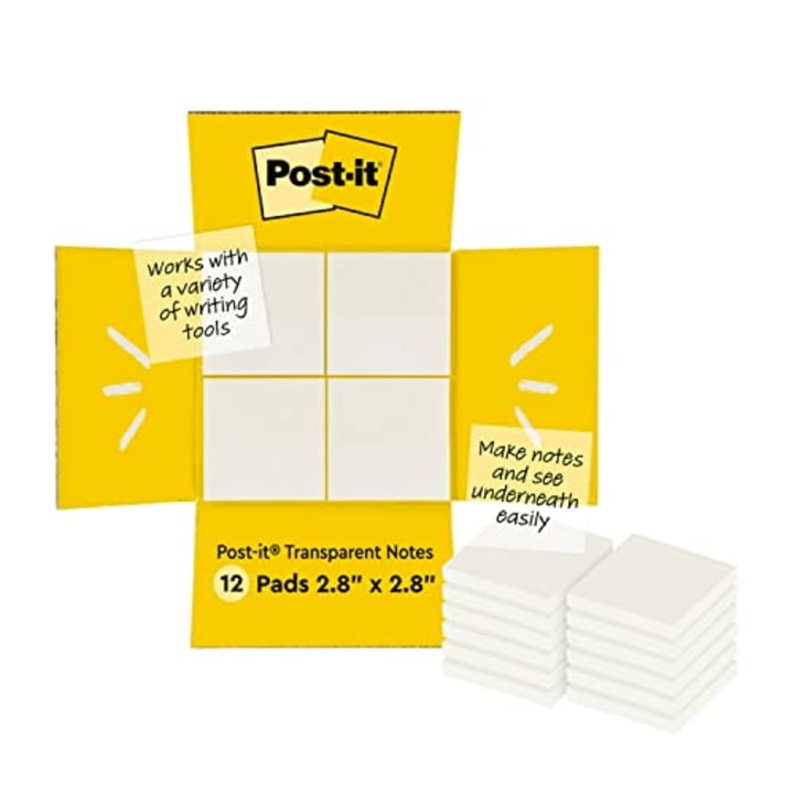 Post-it Transparent Notes, Clear Sticky Notes to Markup Textbooks and Planners Safely, Minimalist Aesthetic School Supplies for College Students, Stationery Artists, and More, 3x3 in, 12 Pads