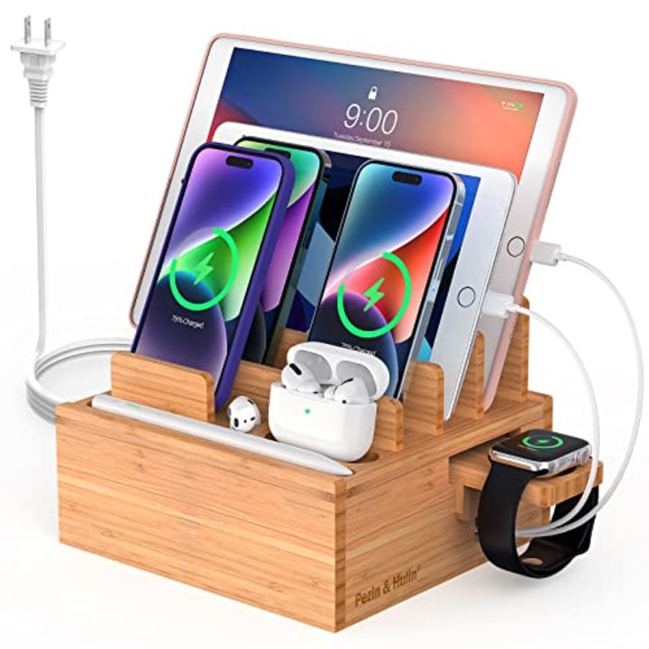 Pezin &amp; Hulin Bamboo Charging Station for Multiple Devices, Office Desktop Organizer for Phones, Tablet, Wooden Docking Stations (Include 5 x Charger Cable), Storage Holder Stand for Pen, Key, Remote