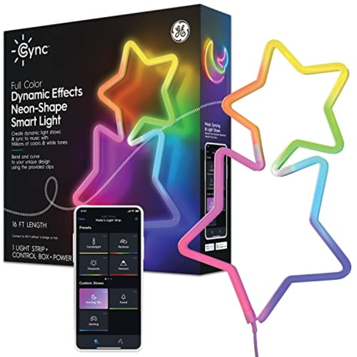 GE CYNC Dynamic Effects Smart LED Neon Shape Light, Full Color, 2.4GHz Wi-Fi, Compatible with Alexa and Google Home, 16 Foot