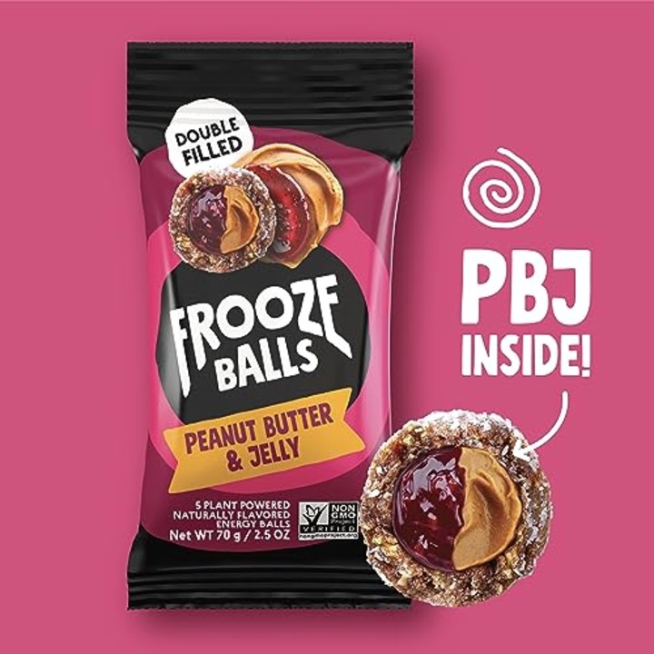 Frooze Balls Peanut Butter and Jelly. Plant-Powered, Double-Filled Energy Balls. Healthy Vegan Snacks, Gluten-Free, non-GMO (8 count, each with 5 balls). Great for lunch box, hiking, workout + travel